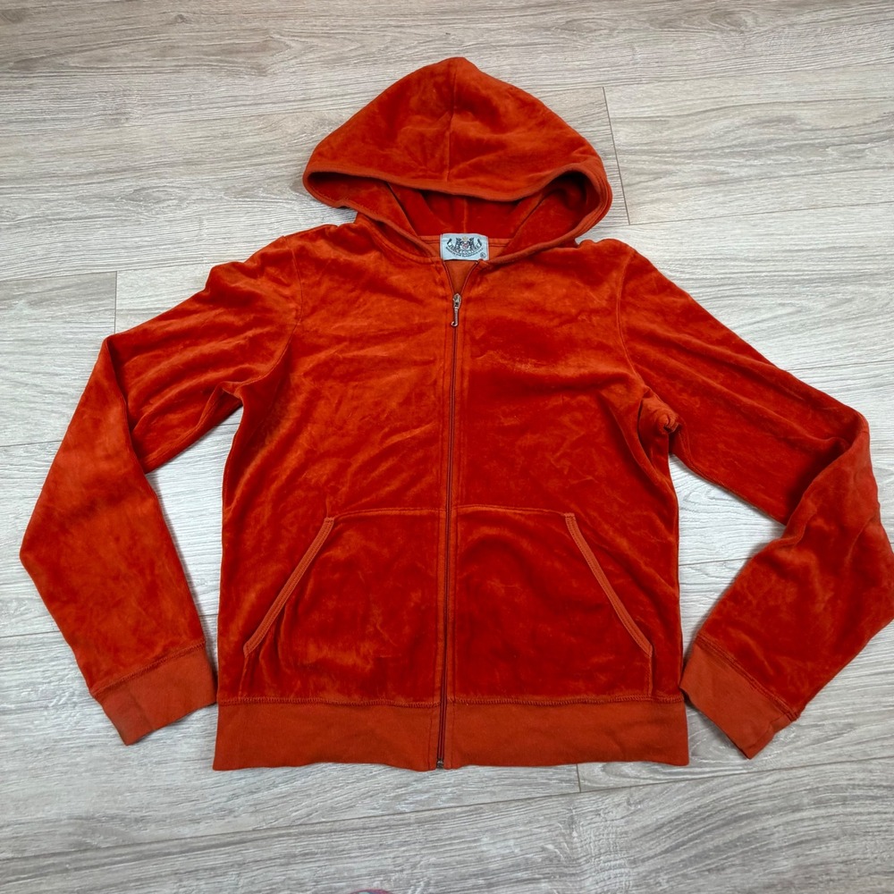 Vintage Y2K Juicy Couture Velour Hoodie Zip Up Jacket Coral Orange XL Made USA